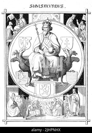 Sigismund von Luxembourg (geboren 15. Février 1368, gesturben 9. Dezember 1437), auch Siegmund, stamte aus dem Hause der Luxemburg. Er war Kurürst von Brandenburg von 1378 bis 1388 und von 1411 bis 1415, römisch-deutscher König seit 1411, König von Böhmen seit 1419 und römisch-deutscher Kaiser von 1433 bis zu seinem Tode / Sigismund de Luxembourg (né 15 février 1368, mort 9 décembre 1437), également Siegmund, Venu de la Maison du Luxembourg. Il est électeur de Brandebourg de 1378 à 1388 et de 1411 à 1415, roi romain-allemand depuis 1411, roi de Bohême depuis 1419 et roi romain-allemand E. Banque D'Images