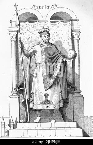 'Heinrich II., (geboren 6. Mai 973 oder 978, gesorben 13. Juli 1024), Heiliger (seit 1146), aus dem Adelsgeschlecht der Ottonen war als Heinrich IV. Von 995 bis 1004 und wieder von 1009 bis 1017 Herzog von Bayern, von 1002 bis 1024 König des Ostfrankenreiches, Von 1004 bis 1024 König von Italien und von 1014 bis 1024 römisch-deutscher Kaiser / Henry II, (né 6 mai, 973, ou 978; mort 13 juillet, 1024), saint (depuis 1146), de la noble famille des Ottoniens fut, comme Henri IV, duc de Bavière de 995 à 1004 et de nouveau de 1009 à 1017, roi de l'Empire frankish oriental de 1002 à 1024, roi Banque D'Images