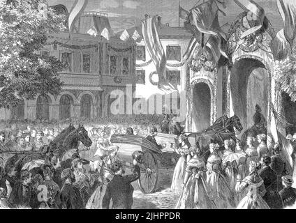 Der Empfang des Königs von Preußen in Homburg, Wilhelm I., Wilhelm Friedrich Ludwig, deutsch : Wilhelm Friedrich Ludwig, 1797 - 1888, aus dem Hause Hohenzollern war König von Preußen zwischen 1861 et 1888, Bad Homburg vor der Höhe, Hessen, Deutschland / la réception du roi de Prusse à Homburg, William I, Wilhelm I, William Frederick Louis, Allemand: Wilhelm Friedrich Ludwig, 1797 - 1888, de la Maison de Hohenzollern était le roi de Prusse between1861 et 1888, Bad Homburg vor der Hoehe, Hesse, Allemagne, Historisch, restauration numérique Reproduktion einer Originalvoraus Banque D'Images