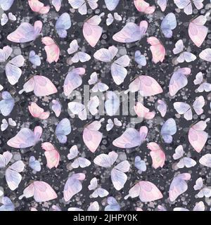 Délicat, rose et lilas papillons avec des touches de peinture sur un fond sombre. Illustration aquarelle. Motif sans couture. Pour tissus, textiles Banque D'Images