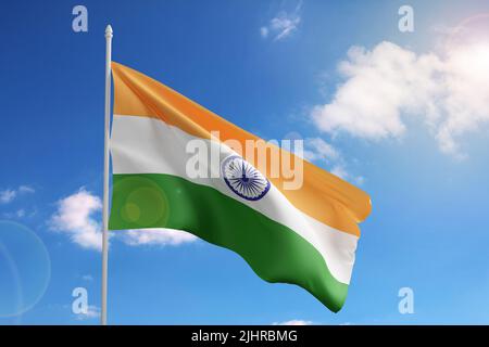 Drapeau de l'Inde sur le ciel bleu. 3d illustration. Banque D'Images