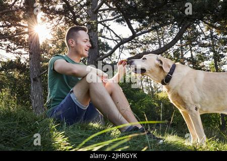 Homme avec son chien assis dans l'herbe sous l'arbre pendant la journée ensoleillée d'été. Le propriétaire d'un animal de compagnie tient un cookie pour son adorable labrador retriever. Banque D'Images