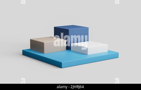 Un rendu 3D du cube Podium en trois étapes. Plate-forme blanche ou arrière-plan avec espace vide pour l'affichage. Modèle de pages Web pour les produits. Banque D'Images