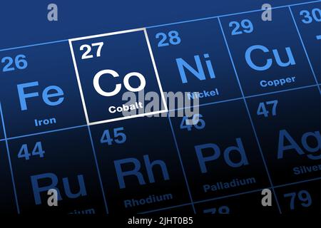 Cobalt sur le tableau périodique des éléments. Métal de transition ferromagnétique, avec le symbole d'élément Co, et avec le numéro atomique 27. Banque D'Images