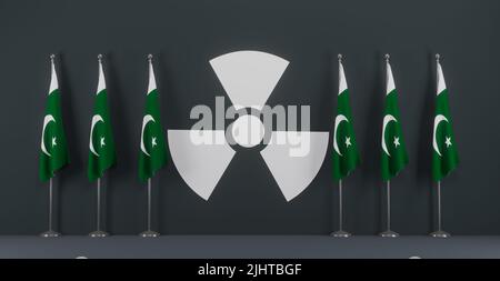 Club nucléaire du Pakistan, puissances nucléaires pakistanaises, drapeau pakistanais sur fond d'icône nucléaire, illustration de 3D et travail de 3D Banque D'Images