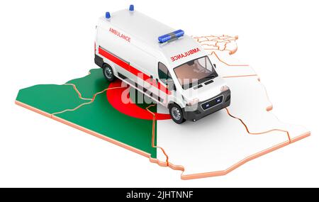 Services médicaux d'urgence en Algérie. Minibus ambulancier sur la carte algérienne. 3D rendu isolé sur fond blanc Banque D'Images