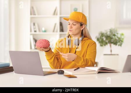 Une étudiante en médecine étudie à la maison devant un ordinateur portable et tient un modèle de cerveau Banque D'Images