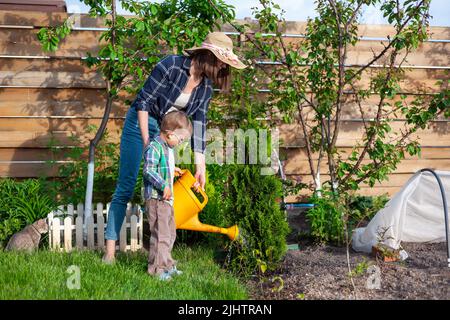 L'arrosage par les enfants et les mères peut arroser un jardin dans l'arrière-cour Banque D'Images