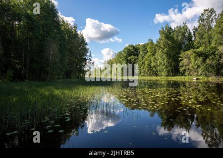 Ciel réfléchissant du lac serein à Orivesi, Finlande Banque D'Images