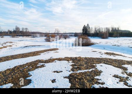 Un paysage de neige et de glace qui fondent sur un pré au début du printemps en Estonie, en Europe du Nord Banque D'Images