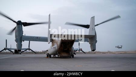 Corps des Marines des États-Unis MV-22 Ospreys affectés à l'escadron de Tiltrotor de milieu marin (VMM) 163 s'assoient sur la rampe alors qu'un autre MV-22 part au camp Lemonnier, Djibouti, 13 juillet 2022. Le VMM 163 a été déployé au Camp Lemonnier pour soutenir la Force opérationnelle interarmées combinée - Corne de l'Afrique en fournissant des capacités de récupération du personnel et d'évacuation des victimes des forces américaines dans toute l'Afrique de l'est. (É.-U. Photo de la Force aérienne par le premier Airman Bryan Guthrie) Banque D'Images