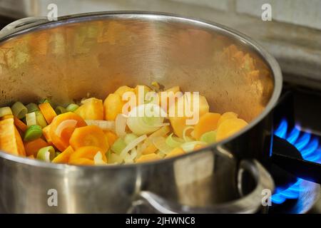 Oignons, carottes et poireaux en pot au feu sur cuisinière à gaz. Banque D'Images