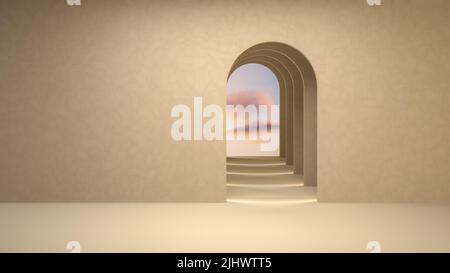 3d rendu surréaliste d'une chambre vide avec des arches et des nuages pastel. Arc abstrait tunnel scène avec des nuages de couleur rose pastel. 3d rendu. Banque D'Images