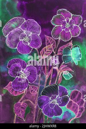 Pansies la nuit. La technique de tabouillage près des bords donne un effet de mise au point doux en raison de la rugosité de surface modifiée du papier. Banque D'Images