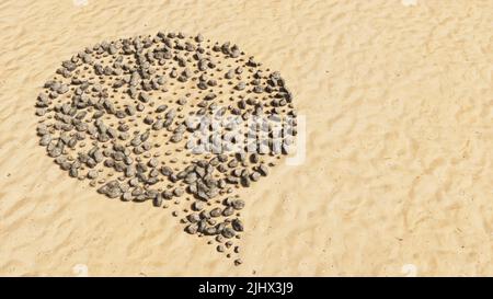 Concept pierres conceptuelles sur plage sable forme de symbole fait à la main, fond de sable doré, signe de nuage. 3d métaphore de l'illustration pour la communication, en ligne Banque D'Images