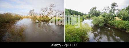 Hanovre, Allemagne. 21st févr. 2022. KOMBO - le combo montre sur la gauche la rivière Leine à la jauge Herrenhausen sur 22 février 2022 avec un niveau d'eau très élevé de plus de 420 cm et sur la droite un niveau d'eau très bas de moins de 50 cm sur 21 juillet 2022. La sécheresse persistante provoque de très faibles niveaux d'eau sur la Leine. Credit: Julian Stratenschulte/dpa/Alay Live News Banque D'Images