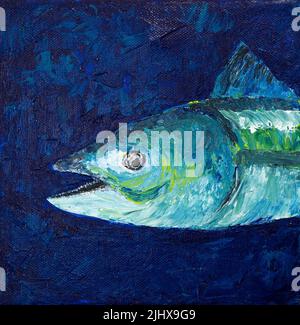 Peinture à l'huile originale montrant des poissons abstraits sur toile. Impressionnisme moderne, modernisme, marinisme Banque D'Images