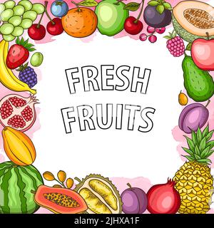 Fruits frais sur fond blanc. Alimentation saine et concept végétalien. Illustration dessinée à la main Banque D'Images