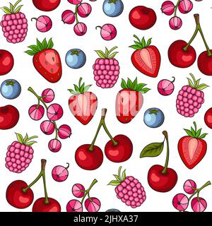 Motif estival sans couture avec baies mûres juteuses. Arrière-plan dessiné à la main. Fraise, cassis et cerise sur fond blanc Banque D'Images