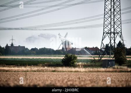 20 juillet 2022, Basse-Saxe, Wendeburg: Un champ près de l'usine de Zweidorf (retour) est irrigué. Photo: Stefan Jaitner/dpa Banque D'Images