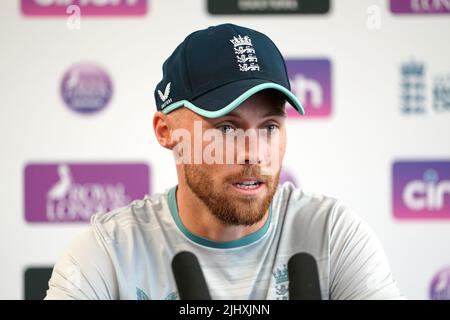 Philip Salt d'Angleterre lors d'une conférence de presse à Emirates Old Trafford, Manchester. Date de la photo: Jeudi 21 juillet 2022. Banque D'Images