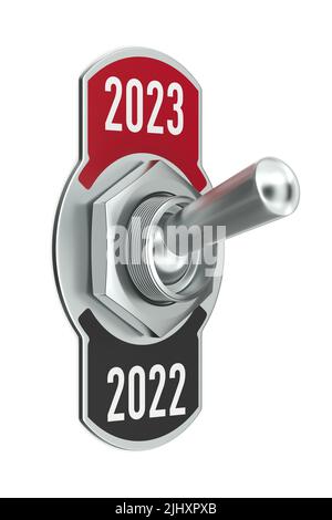 nouvelle année 2023. Basculer l'interrupteur sur fond blanc. Illustration isolée 3D Banque D'Images