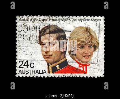 Le timbre annulé imprimé en Australie montre le mariage de Lady Diana Spencer et du Prince Charles, vers 1981. Banque D'Images
