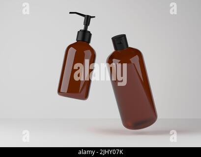 Deux flacons en verre brun pour gel douche et savon liquide flottant sur fond de studio, rendu 3D de l'emballage des produits cosmétiques Banque D'Images