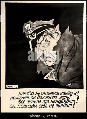 Russe WW2 Poster de propagande présentant une caricature de caricature d'Adolf Hitler . Impression: Bureau d'impression de Staline du journal Pravda Moscou; lithographie de couleur "nulle part le monstre ne peut se cacher! Il obtient sa mesure due! Tout ce qui vit le déteste ! Il n’y a aucune miséricorde pour lui » WW2 1945 Seconde Guerre mondiale Seconde Guerre mondiale Banque D'Images