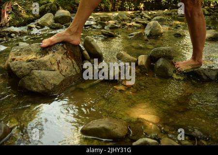 Une femme pieds nus qui fait un pas vers un rocher tout en marchant dans une eau propre de ruisseau, avec des pierres et des rochers autour de ses pieds Banque D'Images