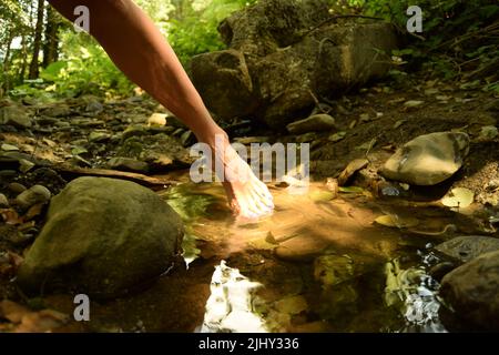 Mouvement élégant d'une femme pieds nus, avec un gros plan de sortir son pied d'une flaque d'eau claire dans la nature, tandis que sunbeam réfléchit sur son pied Banque D'Images