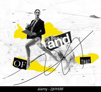 Collage d'art contemporain. Belle femme d'affaires à pointe traitant de questions professionnelles Banque D'Images