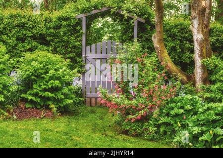 Un jardin pittoresque entouré de verdure, de buissons, de fleurs et d'arbres. Une belle cour au printemps. Petite porte en bois voûté Banque D'Images