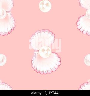 Coquille avec perles. Motif sans couture. Illustration aquarelle. Isolé sur fond rose. Pour vos autocollants de conception, vêtements, papier d'emballage. Banque D'Images