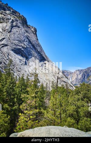 Vue depuis un rocher de la vallée de Yosemite rempli de pins et de chutes d'eau au loin Banque D'Images