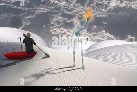 Peinture surréaliste. Homme dans un parapluie rouge flottant sur un désert blanc. Figure de l'homme à distance. 3D rendu Banque D'Images