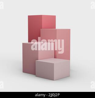 Illustration 3D de cubes roses minimalistes et de supports sur fond blanc Banque D'Images