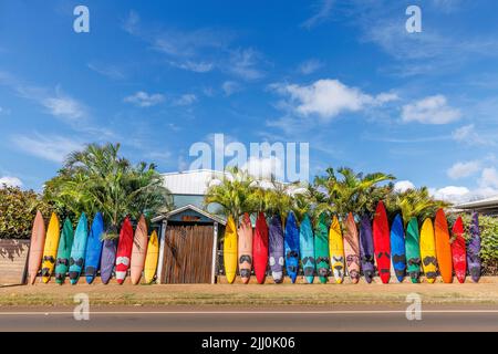 Une clôture de planches de surf colorée près de la ville de Paia le long de la route de Hana sur l'île HawaiiÕs de Maui. Banque D'Images