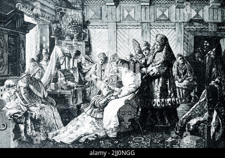 La légende de 1906 se lit comme suit : « EUDOXIA SE PRÉPARANT À SON MARIAGE AVEC PIERRE. — Eudoxia Fedorovna était la princesse russe que Peter le Grand a épousé. Il était à l'époque encore sous la régence de sa sœur Sophia, qui a désapprouvé le match. Ainsi, le mariage a été pressé en avant avec la répartition et le secret. Ce fut le début de la lutte de Pierre pour l'indépendance. » Tsarina Eudoxia Fyodorovna Lopukhina était une Tsaritsa russe comme première femme de Pierre Ier de Russie, et la dernière femme russe et non étrangère d'un monarque russe. Elle était la mère de Tsarevitch Alexei Petrovich et le grand-père paternel Banque D'Images