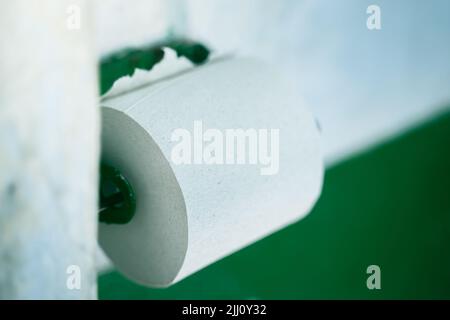 Porte-papier hygiénique avec papier hygiénique simple épaisseur de qualité économique. Toilettes rurales effrayantes et désordonnées Banque D'Images