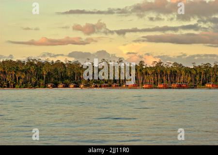 Vue sur une plage décorée de chalets en bois et de cocotiers sur l'île de Maratua, dans la zone marine protégée de Berau, dans les îles Derawan, Berau, Kalimantan est, Indonésie. Banque D'Images