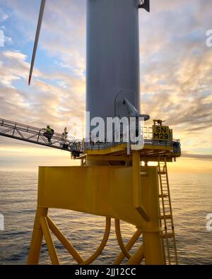 Veritas nasal, éolienne dans la mer du Nord sur le projet Seagreen. Banque D'Images