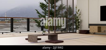 Décoration intérieure minimaliste et traditionnelle de la salle de séjour dans le style zen japonais avec table basse en bois, meuble TV, sol tatami et balcon. Banque D'Images