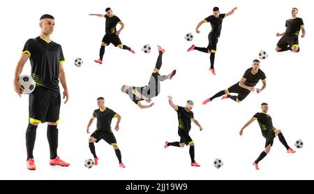 Mouvements sportifs. Ensemble, collage fait de prises de vue de joueur de football professionnel masculin avec le ballon en mouvement, l'action isolée sur fond blanc. Homme en noir Banque D'Images