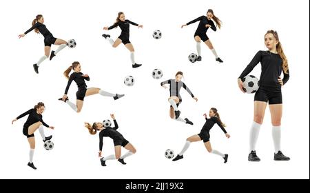 Ensemble, collage fait de prises de vue de joueuse de football professionnelle féminine avec le ballon en mouvement, l'action isolée sur fond blanc. Femme en kit de football noir Banque D'Images