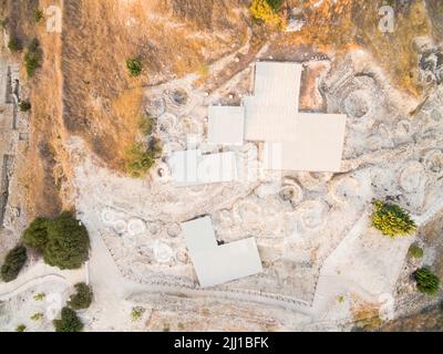 Vue aérienne du site du patrimoine mondial de l'archéologique de Larnaca, Chypre. Voir d'Khirokoitia, une ancienne archéologique néolithique préhistorique Banque D'Images