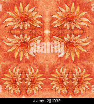 Motif floral abstrait symétrique texturé de couleur rouge Banque D'Images