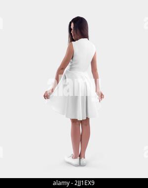 Maquette d'une robe blanche sur une fille en mocassins, une robe mi-longueur avec un dos fermé, jupe ondulée, pour un motif. Modèle de vêtements d'été, décontracté avec Banque D'Images