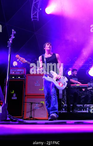 Massimiliano 'UFO' Schiavelli, membre du groupe de rock italien Zen Circus, se produit en direct à la Villa Ada à Rome. (Photo par Vincenzo Nuzzolese / SOPA Images / Sipa USA) Banque D'Images