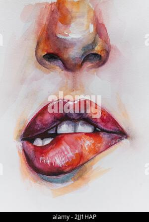 Image abstraite conceptuelle du nez et des lèvres Handmad. Aquarelle portrait de femme. Peinture dans des couleurs colorées. Résumé conceptuel Banque D'Images